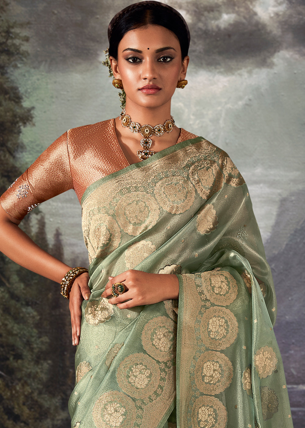 Moss Green Zari Woven Organza Silk Saree with Swarovski Work