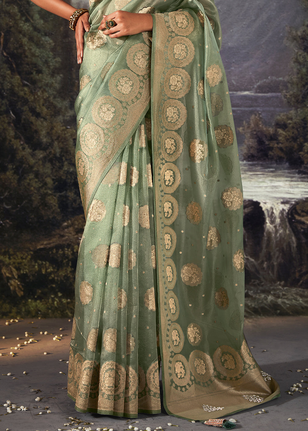 Moss Green Zari Woven Organza Silk Saree with Swarovski Work