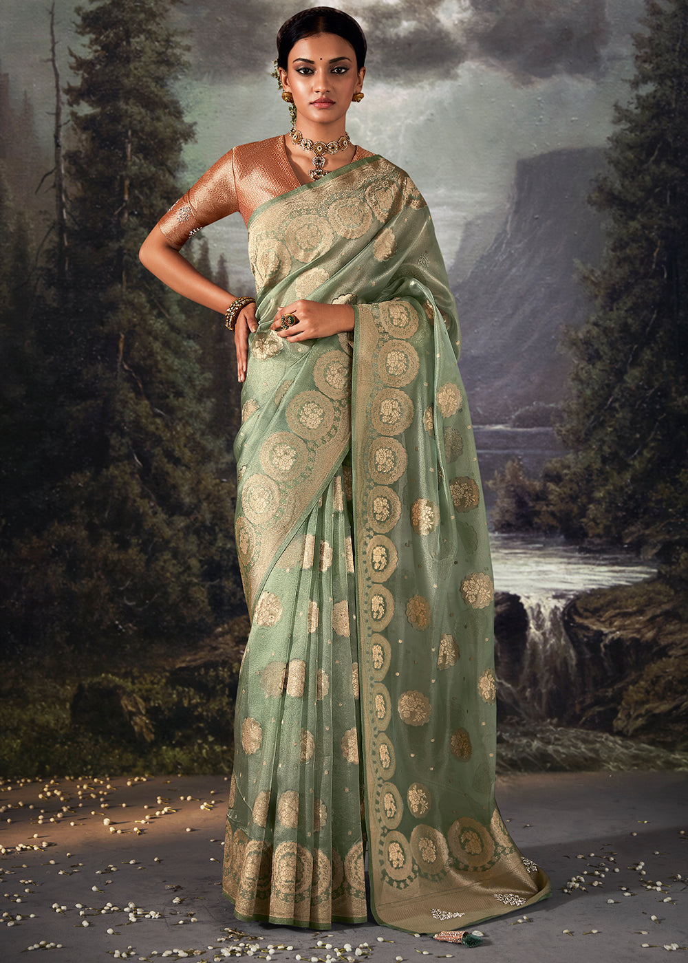 Moss Green Zari Woven Organza Silk Saree with Swarovski Work