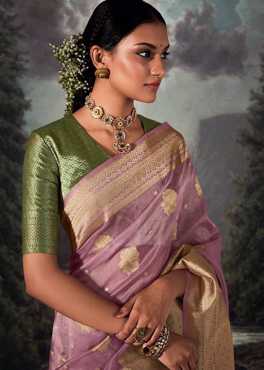 Lilac Purple Zari Woven Organza Silk Saree with Swarovski Work