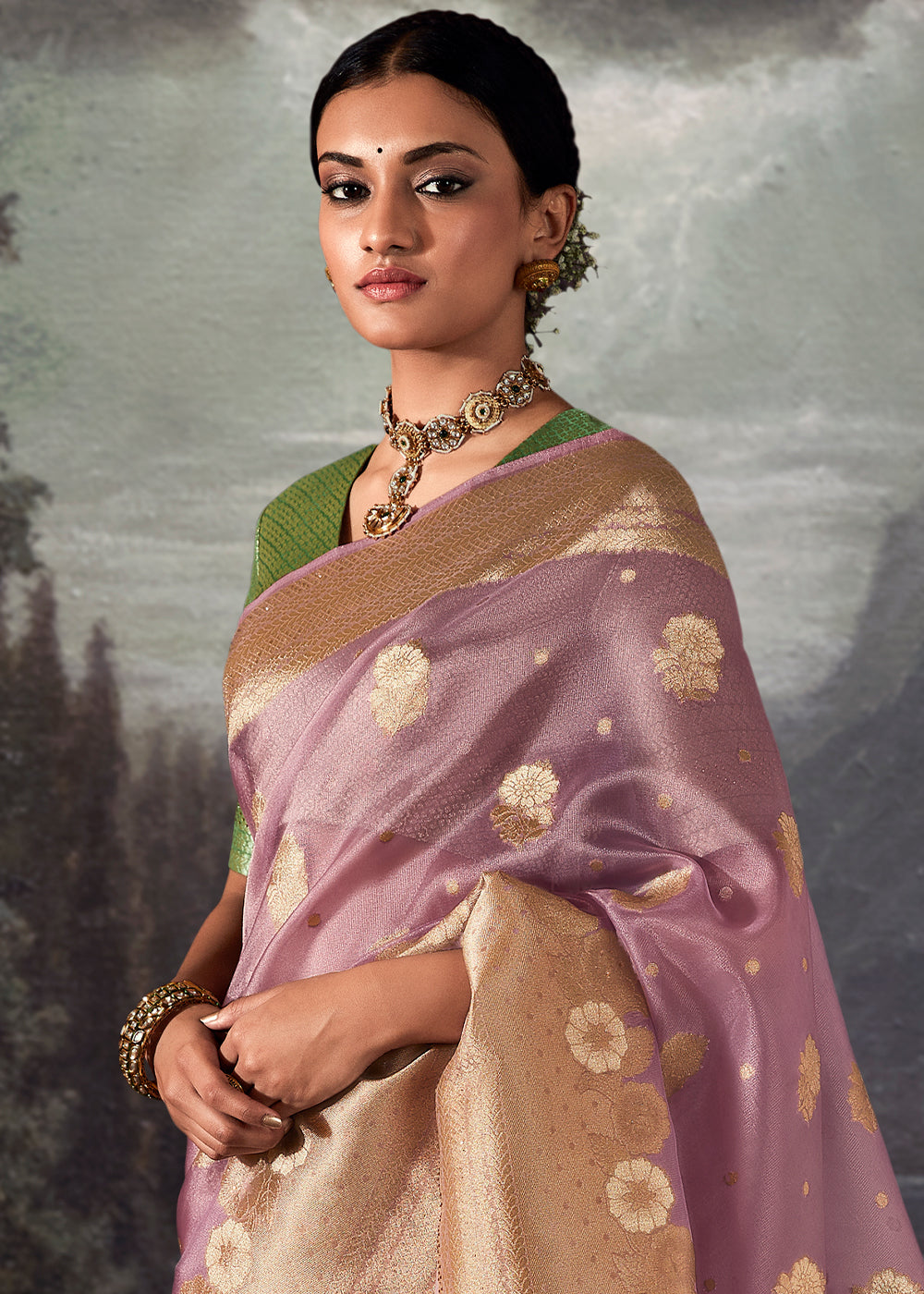 Lilac Purple Zari Woven Organza Silk Saree with Swarovski Work