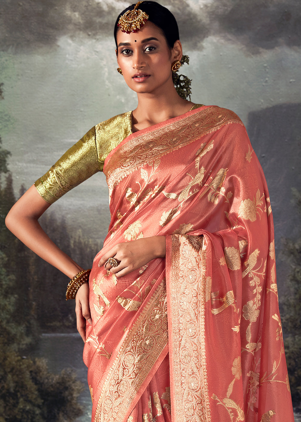 Brink Pink Zari Woven Organza Silk Saree with Swarovski Work