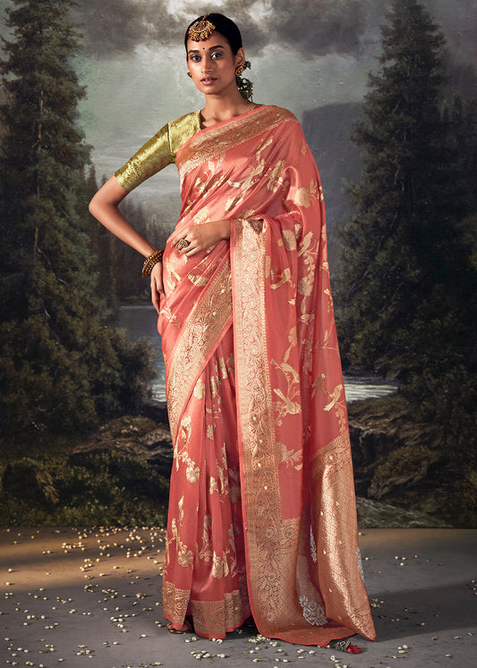 Brink Pink Zari Woven Organza Silk Saree with Swarovski Work