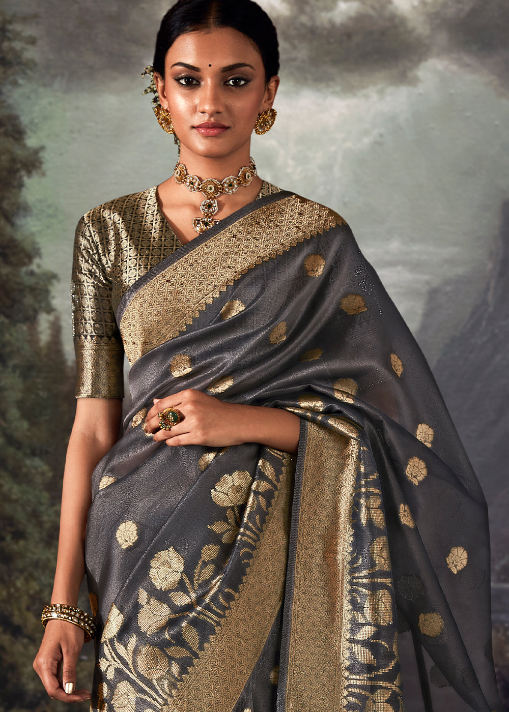 Anchor Grey Zari Woven Organza Silk Saree with Swarovski Work