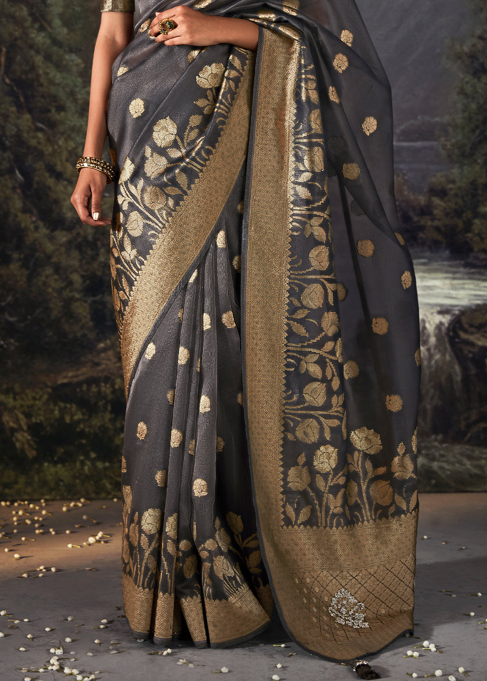 Anchor Grey Zari Woven Organza Silk Saree with Swarovski Work