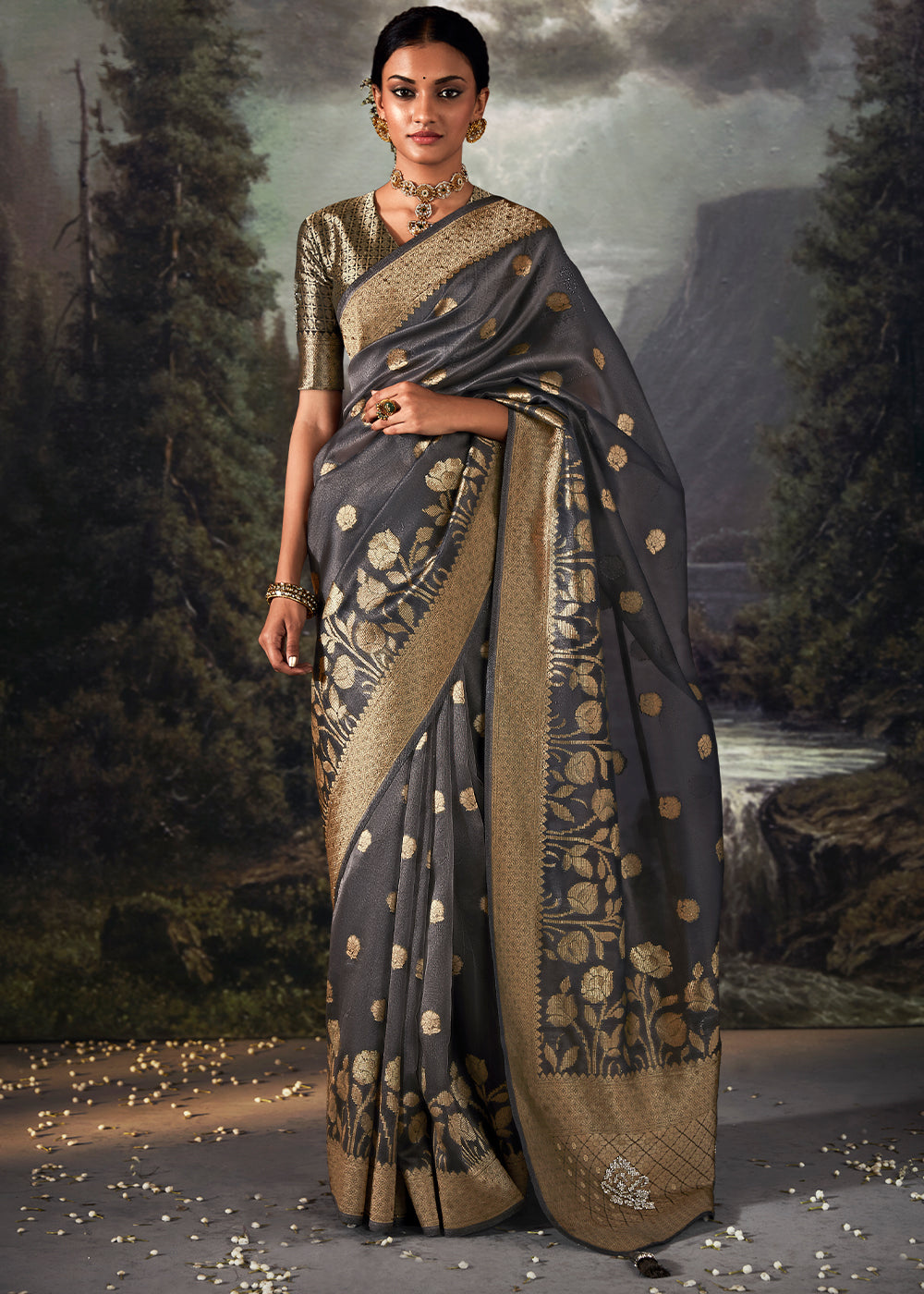 Anchor Grey Zari Woven Organza Silk Saree with Swarovski Work