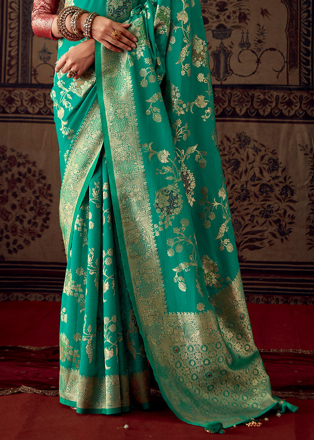 Caribbean Green Meenakari Weaving Dola Silk Saree