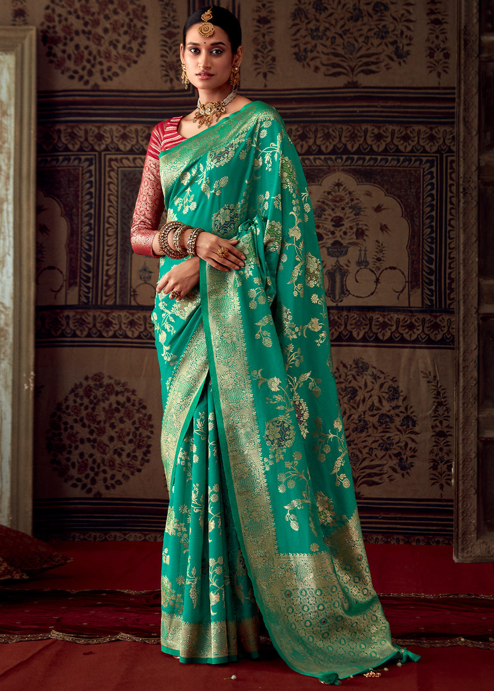 Caribbean Green Meenakari Weaving Dola Silk Saree