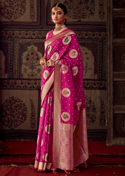 Magenta Pink Meenakari Weaving Dola Silk Saree