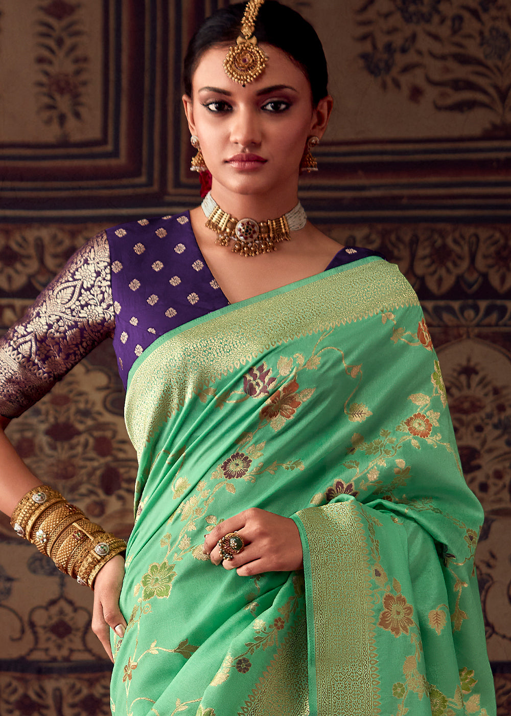 Fern Green Meenakari Weaving Dola Silk Saree