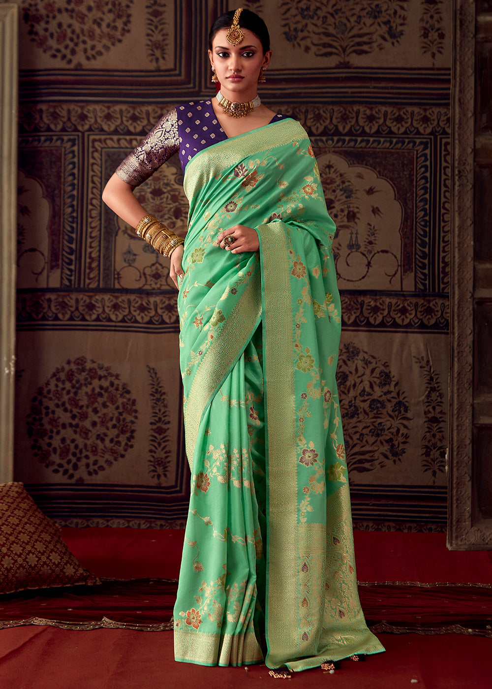 Fern Green Meenakari Weaving Dola Silk Saree