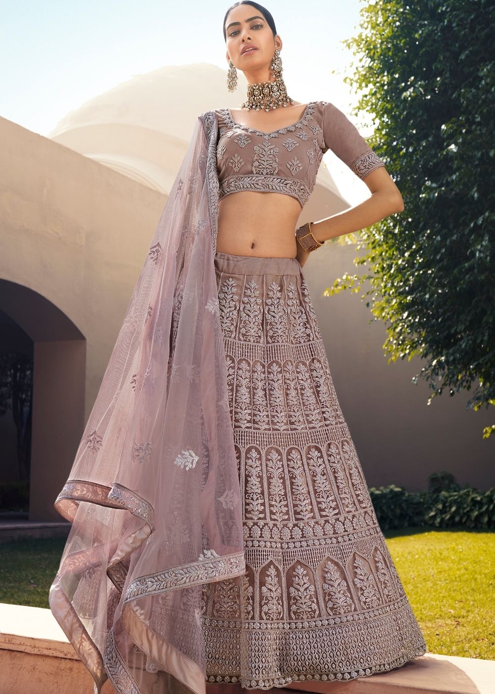 Mauve Soft Net Lehenga Choli with Sequins & Dori work