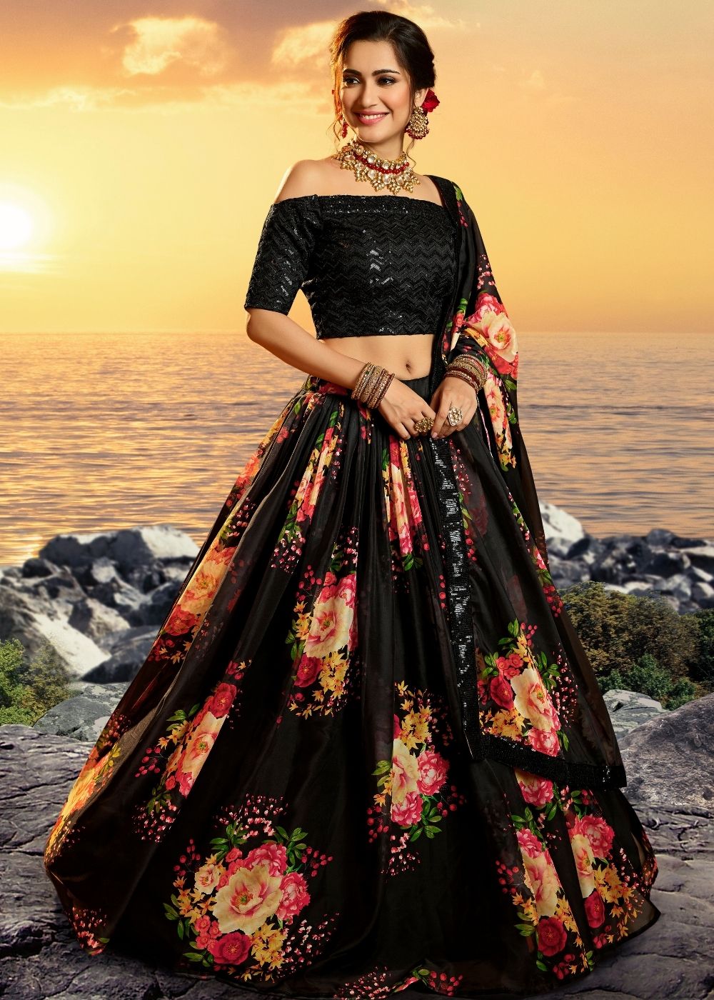 Midnight Black Organza Designer Printed Floral Lehenga Choli with Sequins and Zari work