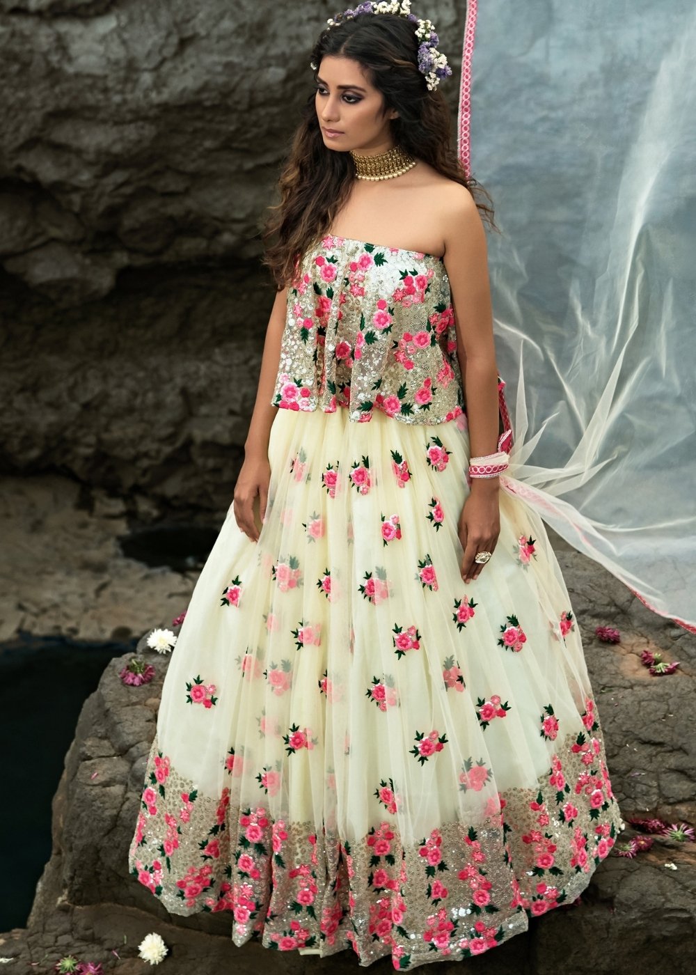 Linen White Designer Soft Net Lehenga Choli with Sequins & Thread work