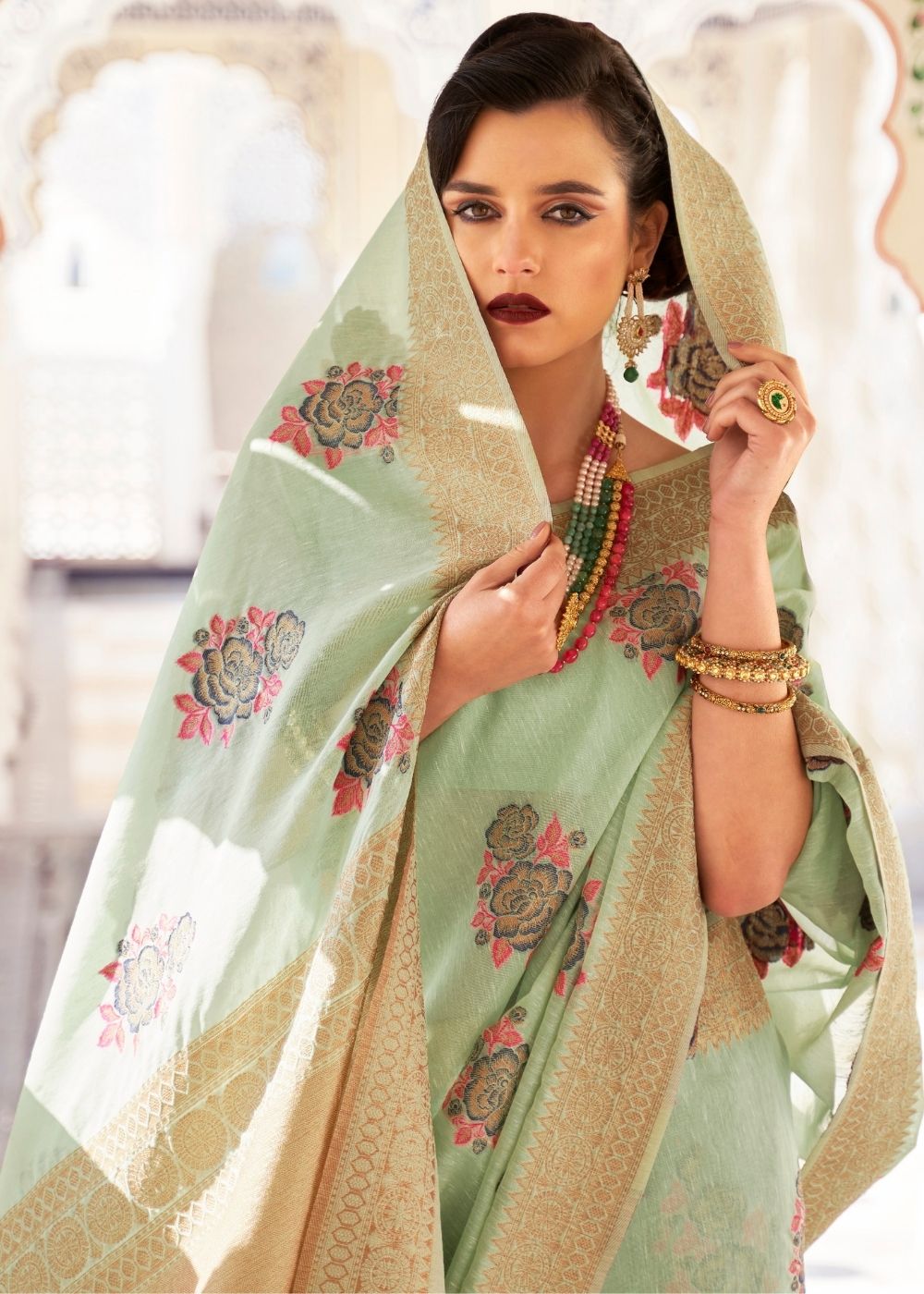 Pastel Green Linen Woven Silk Saree with Zari work on Border and Pallu