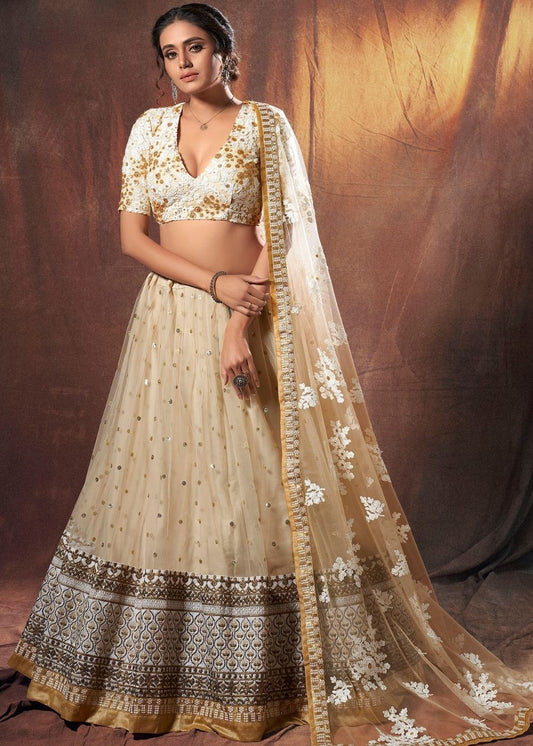 Beige Designer Soft Net Lehenga Choli with Resham, Zari & Sequins work