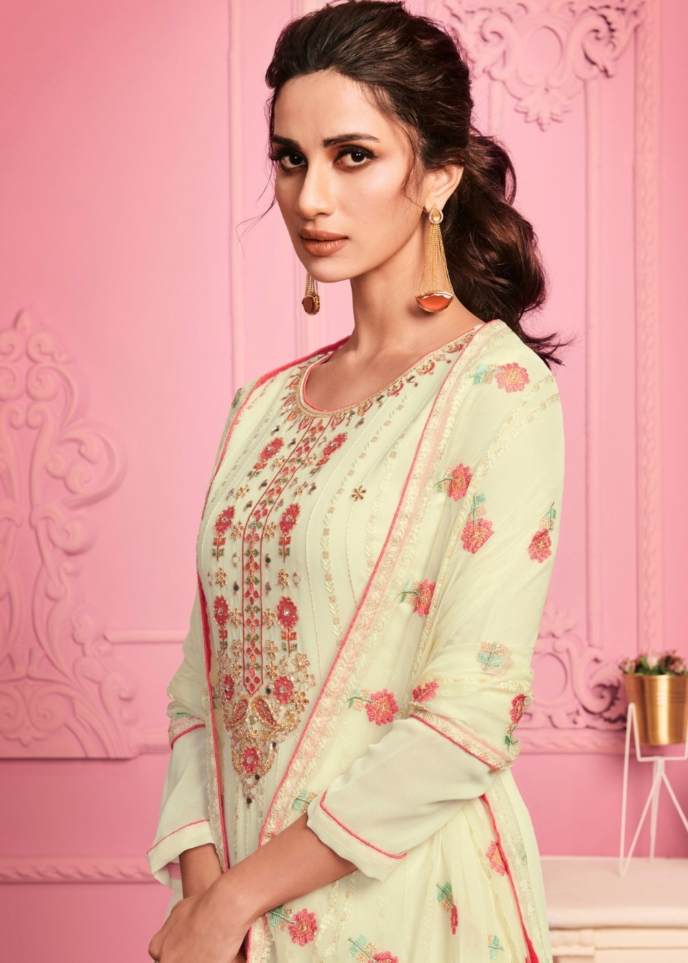 Banana Yellow Georgette Salwar Suit with Thread Embroidery, Katli & Mirror work