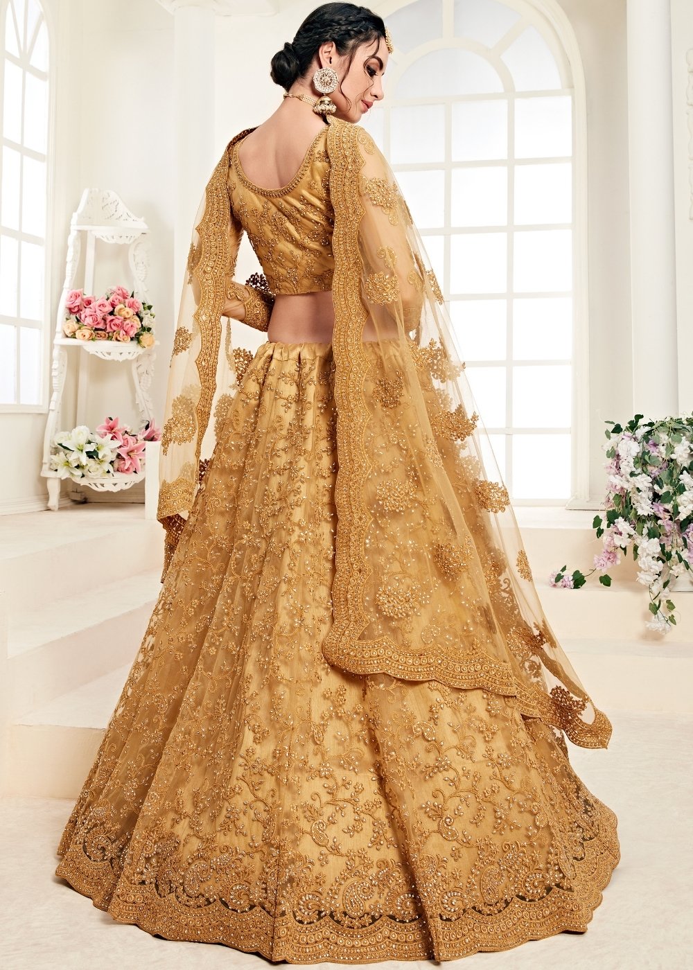 Caramel Brown Soft Net Lehenga Choli with Cording Embroidery & Stonework