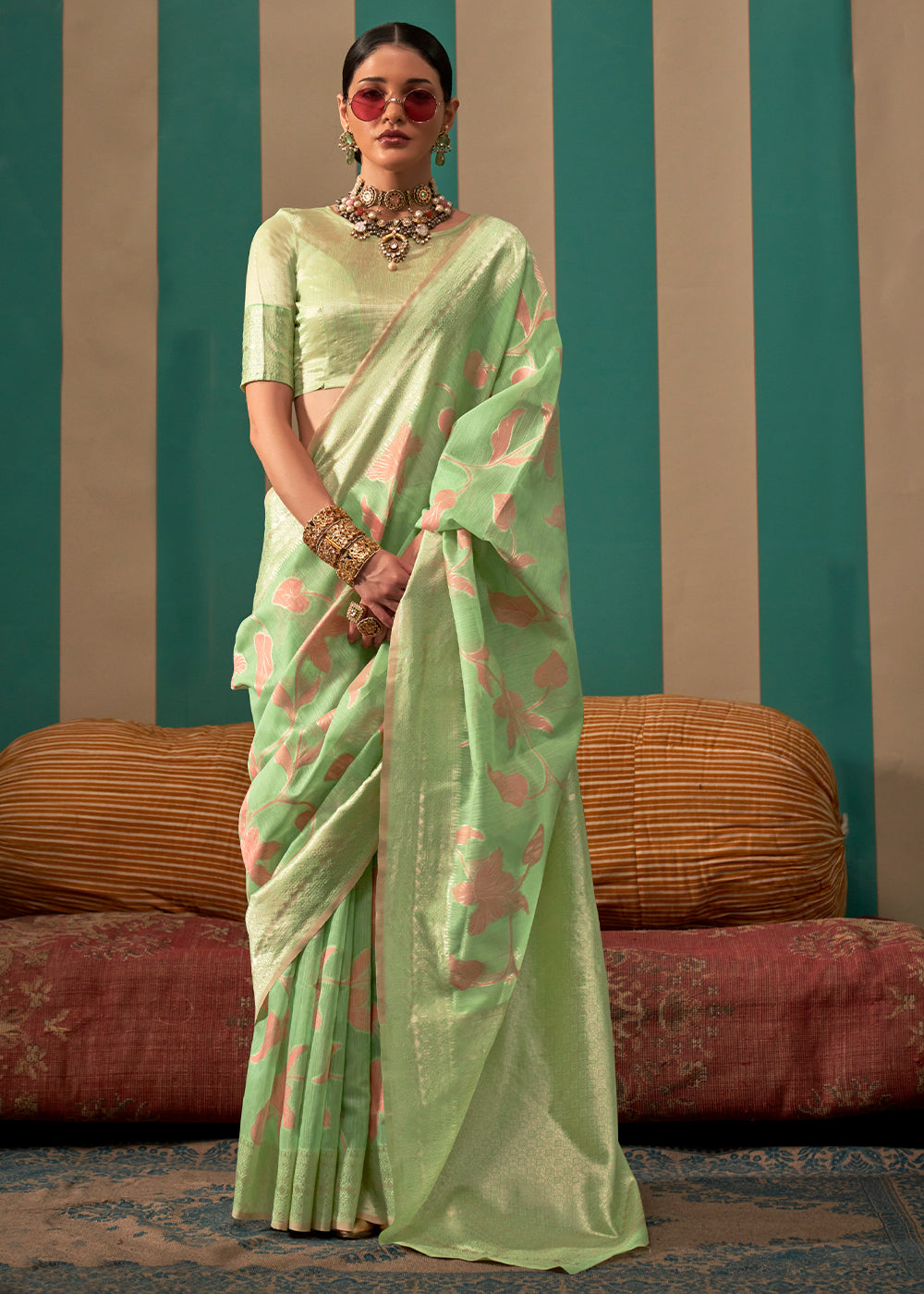 Pastel Green Floral Zari Woven Linen Silk Saree