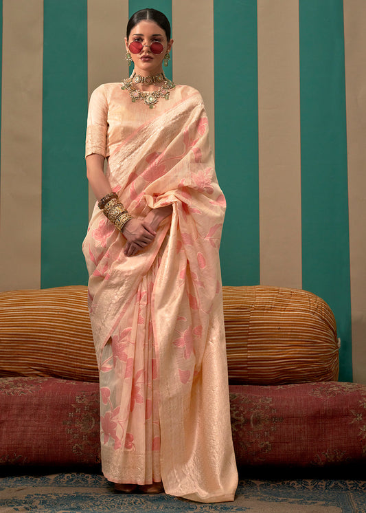 Misty Rose Pink Floral Zari Woven Linen Silk Saree