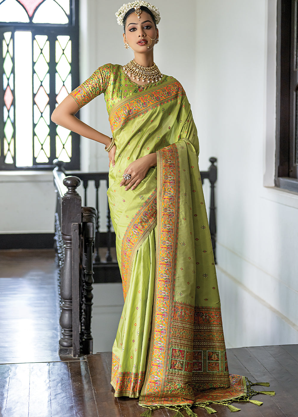 Avocado Green Kashmiri Handloom Woven Silk Saree