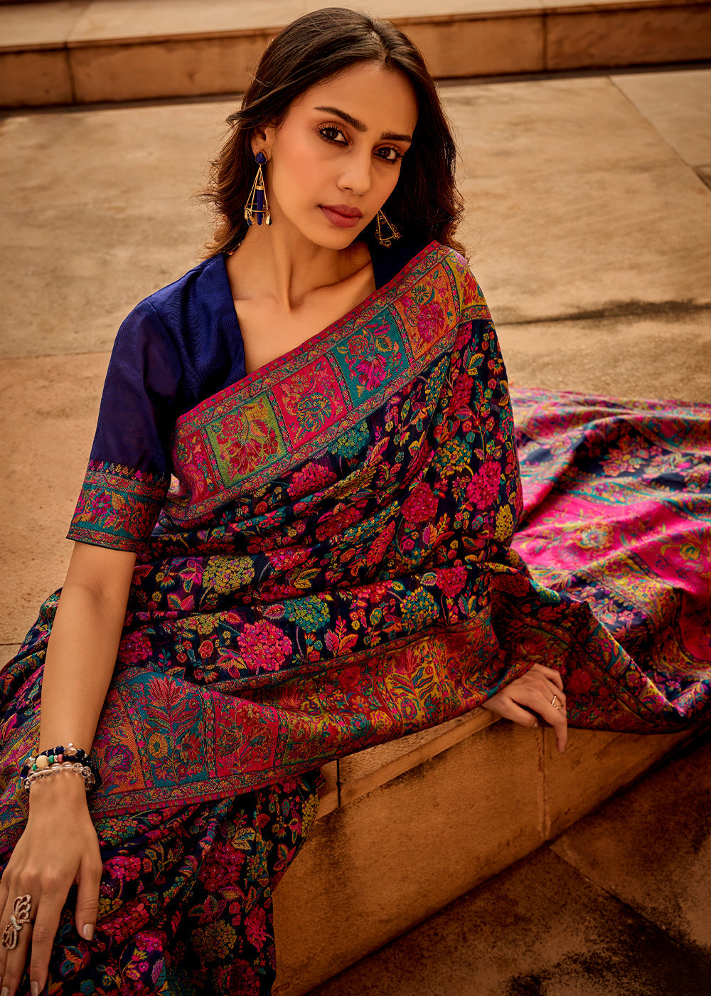 Navy Blue Woven Kashmiri Jamawar Silk Saree