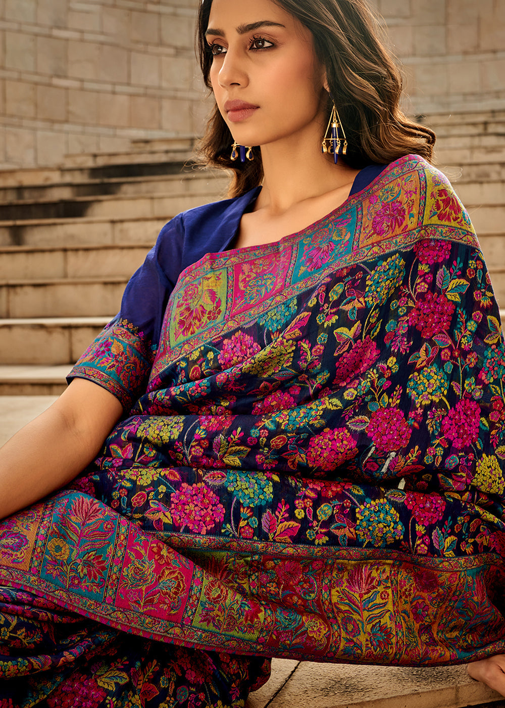 Navy Blue Woven Kashmiri Jamawar Silk Saree