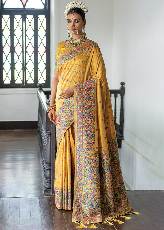 Aureolin Yellow Kashmiri Handloom Woven Silk Saree