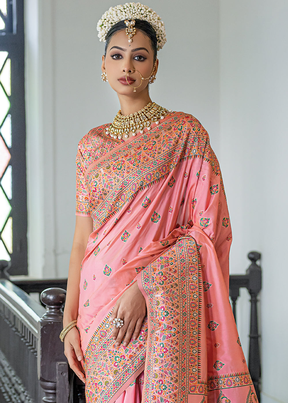 Flamingo Pink Kashmiri Handloom Woven Silk Saree