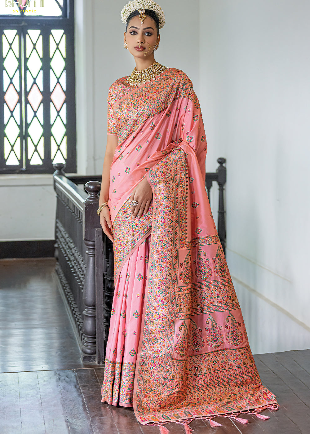 Flamingo Pink Kashmiri Handloom Woven Silk Saree