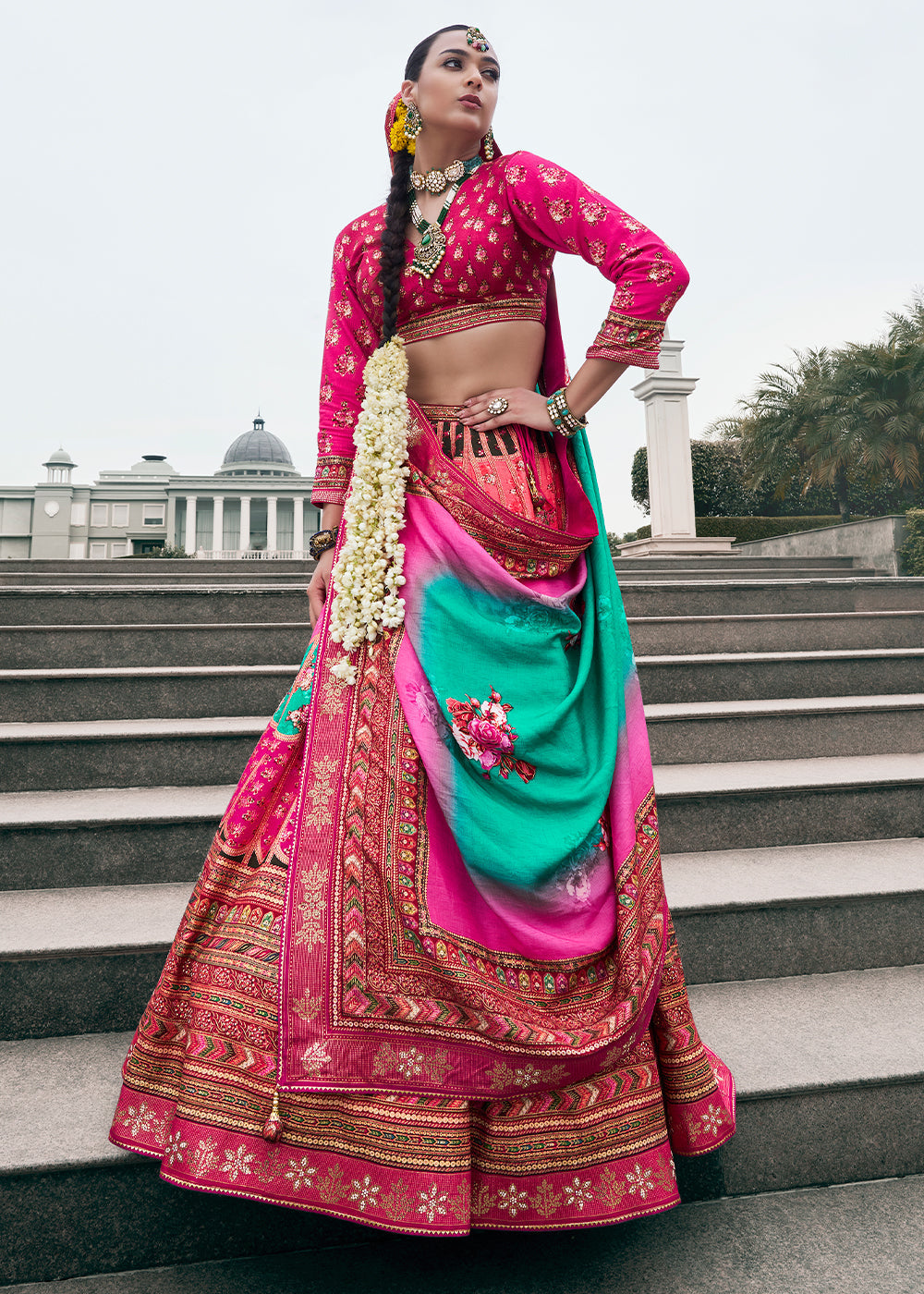 Shades Of Pink & Blue Floral Printed Banarasi Silk lehenga Choli Having Embellishment work