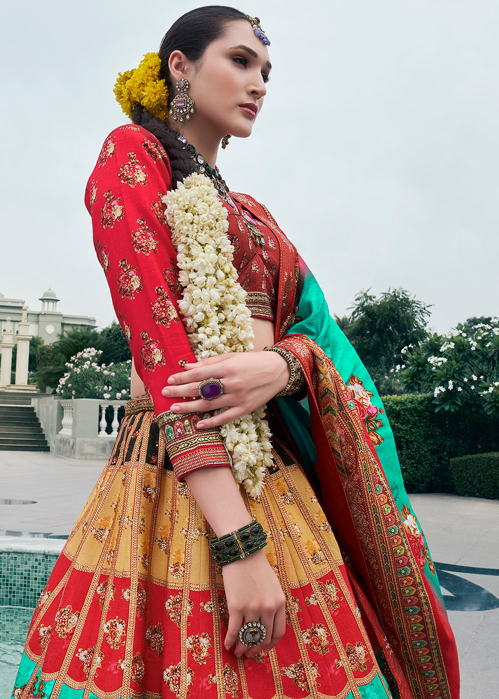 Venetian Red Floral Printed Banarasi Silk lehenga Choli Having Embellishment work