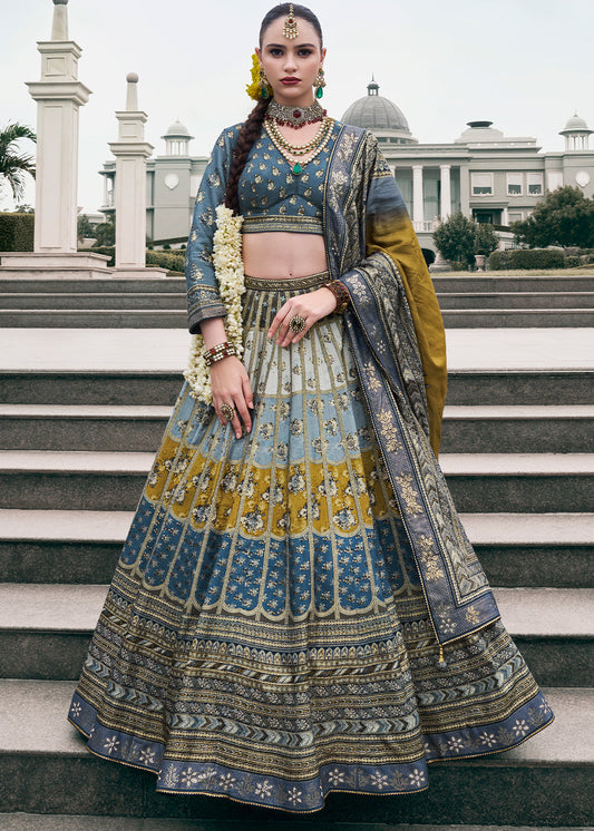 Shades Of Grey Floral Printed Banarasi Silk lehenga Choli Having Embellishment work