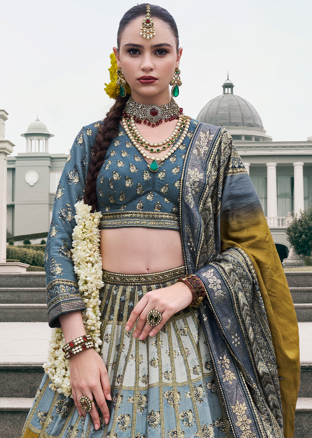 Shades Of Grey Floral Printed Banarasi Silk lehenga Choli Having Embellishment work