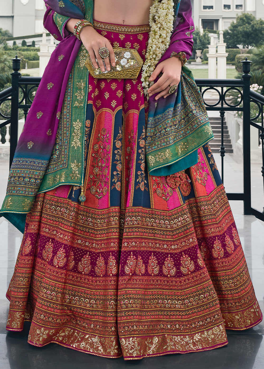 Shades Of Pink Floral Printed Banarasi Silk lehenga Choli Having Embellishment work