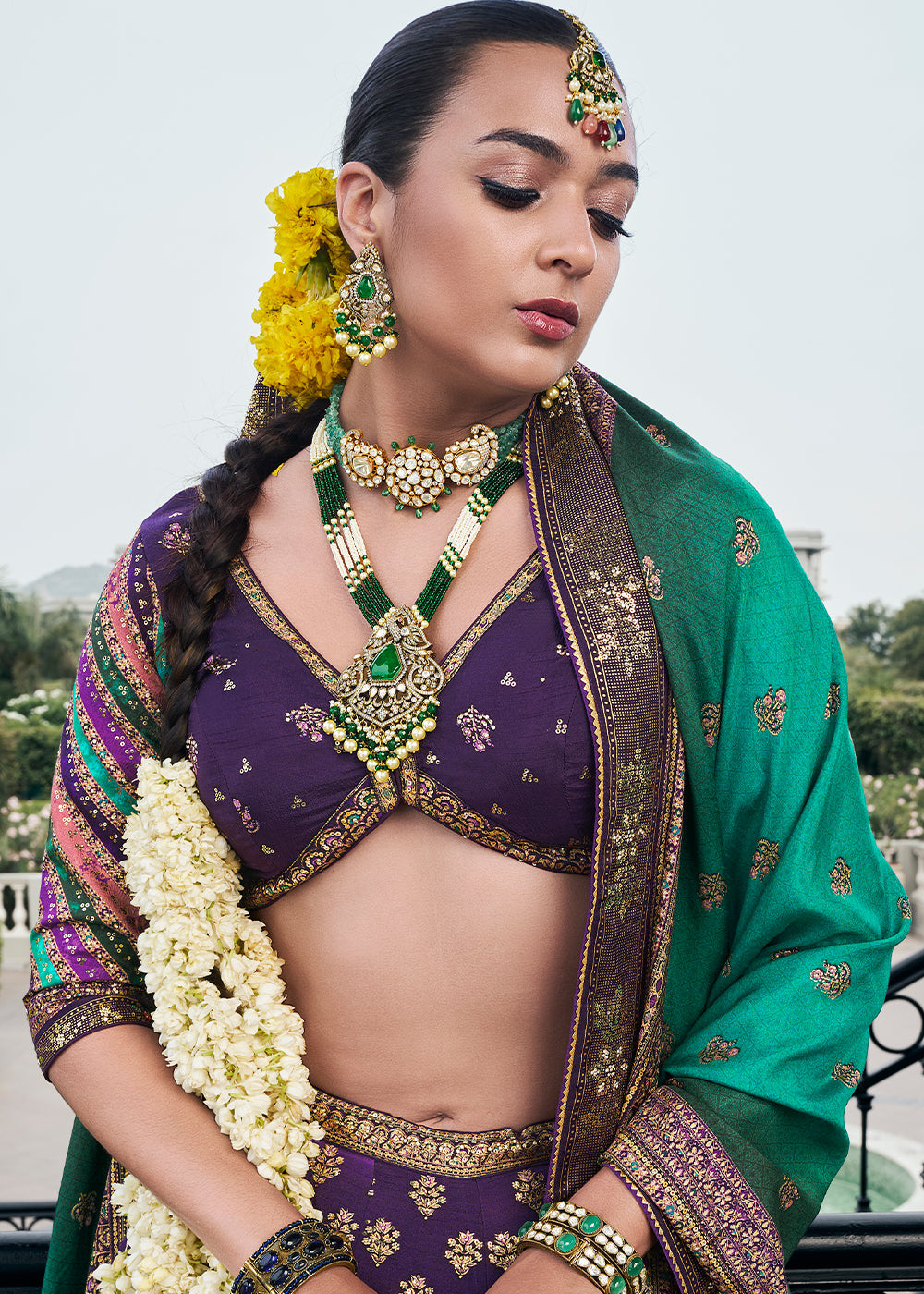 Shades Of Purple & Green Floral Printed Banarasi Silk lehenga Choli Having Embellishment work