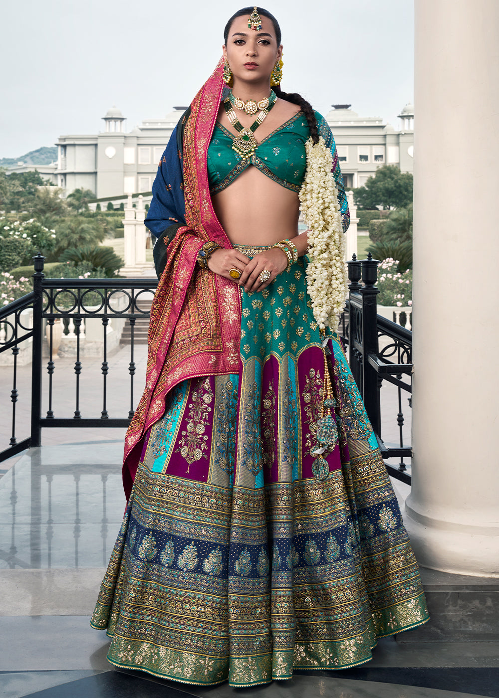 Shades Of Blue & Green Floral Printed Banarasi Silk lehenga Choli Having Embellishment work