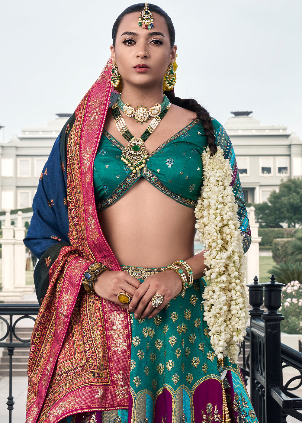 Shades Of Blue & Green Floral Printed Banarasi Silk lehenga Choli Having Embellishment work