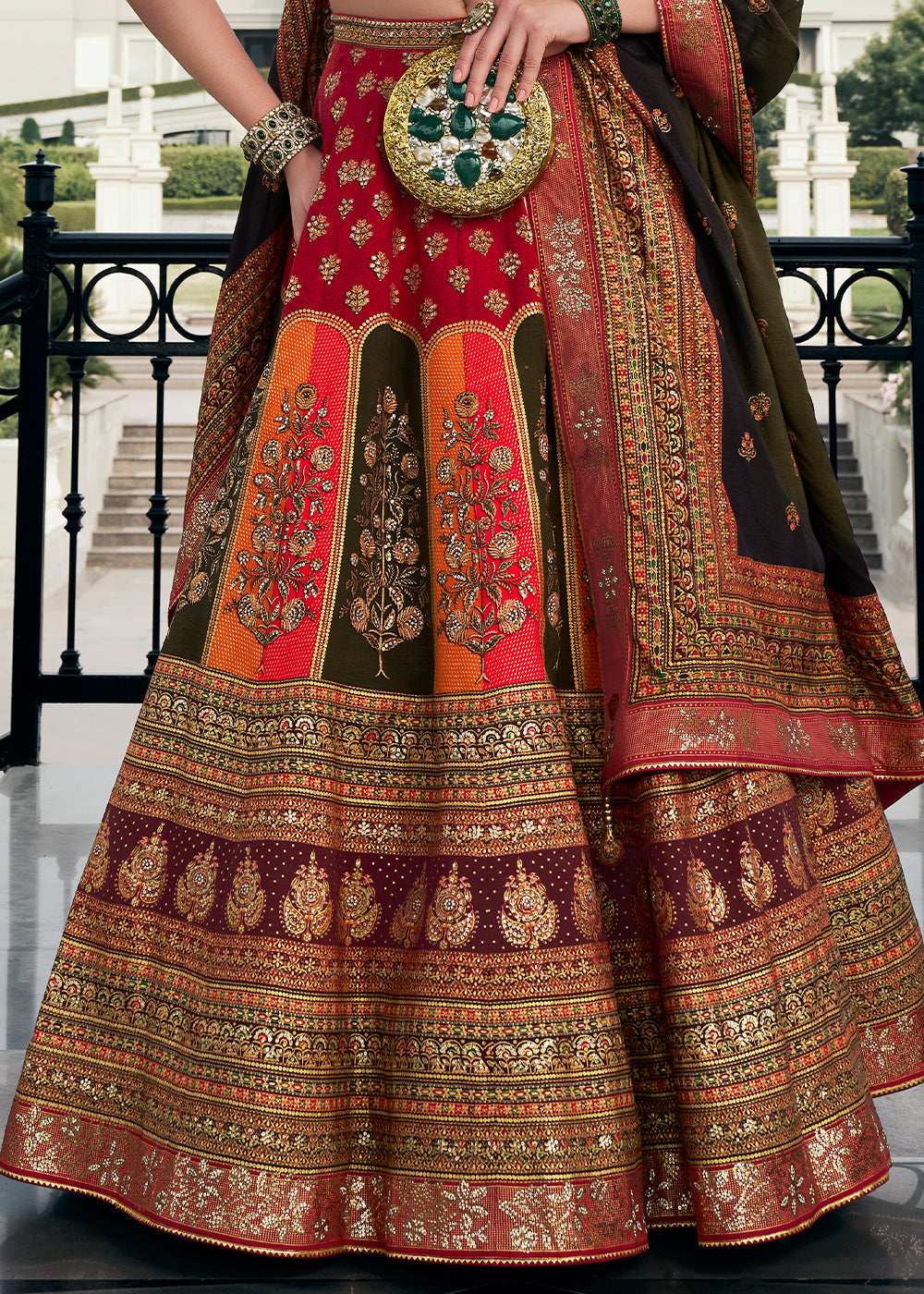 Shades Of Red & Orange Floral Printed Banarasi Silk lehenga Choli Having Embellishment work