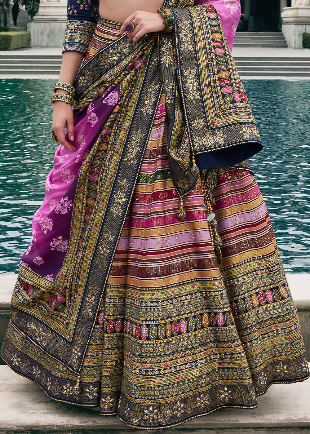 Shades Of Blue & Purple Floral Printed Banarasi Silk lehenga Choli Having Embellishment work