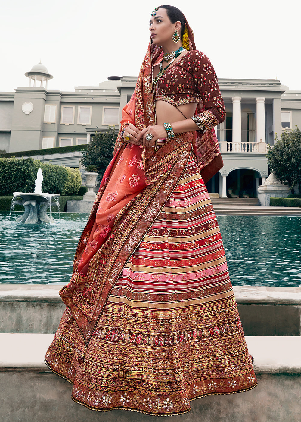 Shades Of Brown Floral Printed Banarasi Silk lehenga Choli Having Embellishment work