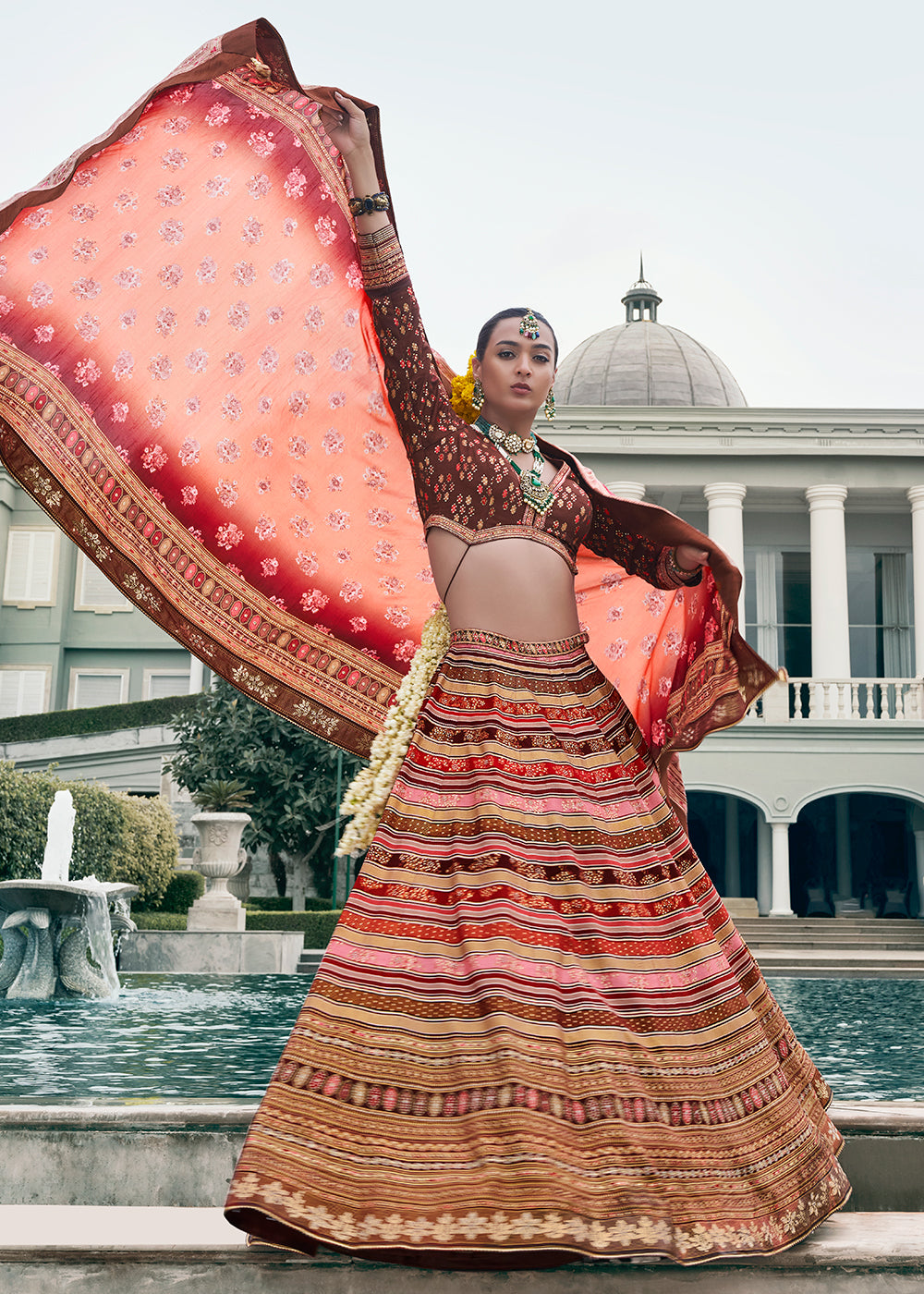 Shades Of Brown Floral Printed Banarasi Silk lehenga Choli Having Embellishment work