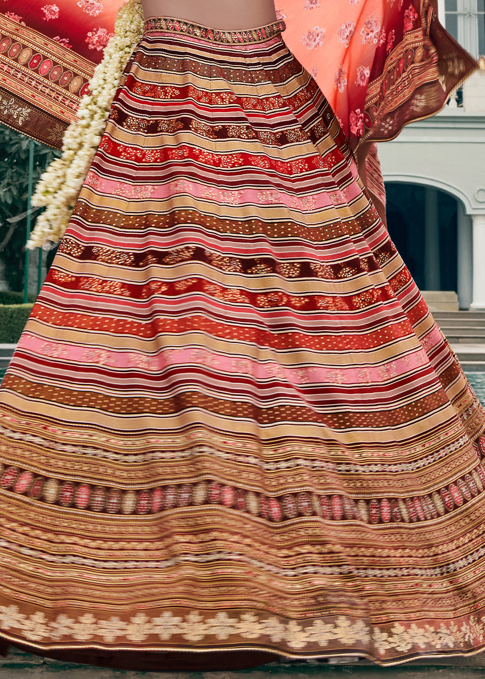 Shades Of Brown Floral Printed Banarasi Silk lehenga Choli Having Embellishment work