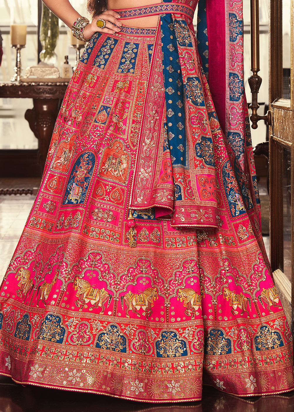 Shades Of Pink & Blue Banarasi Silk lehenga Choli Having Beautiful Embellishment work