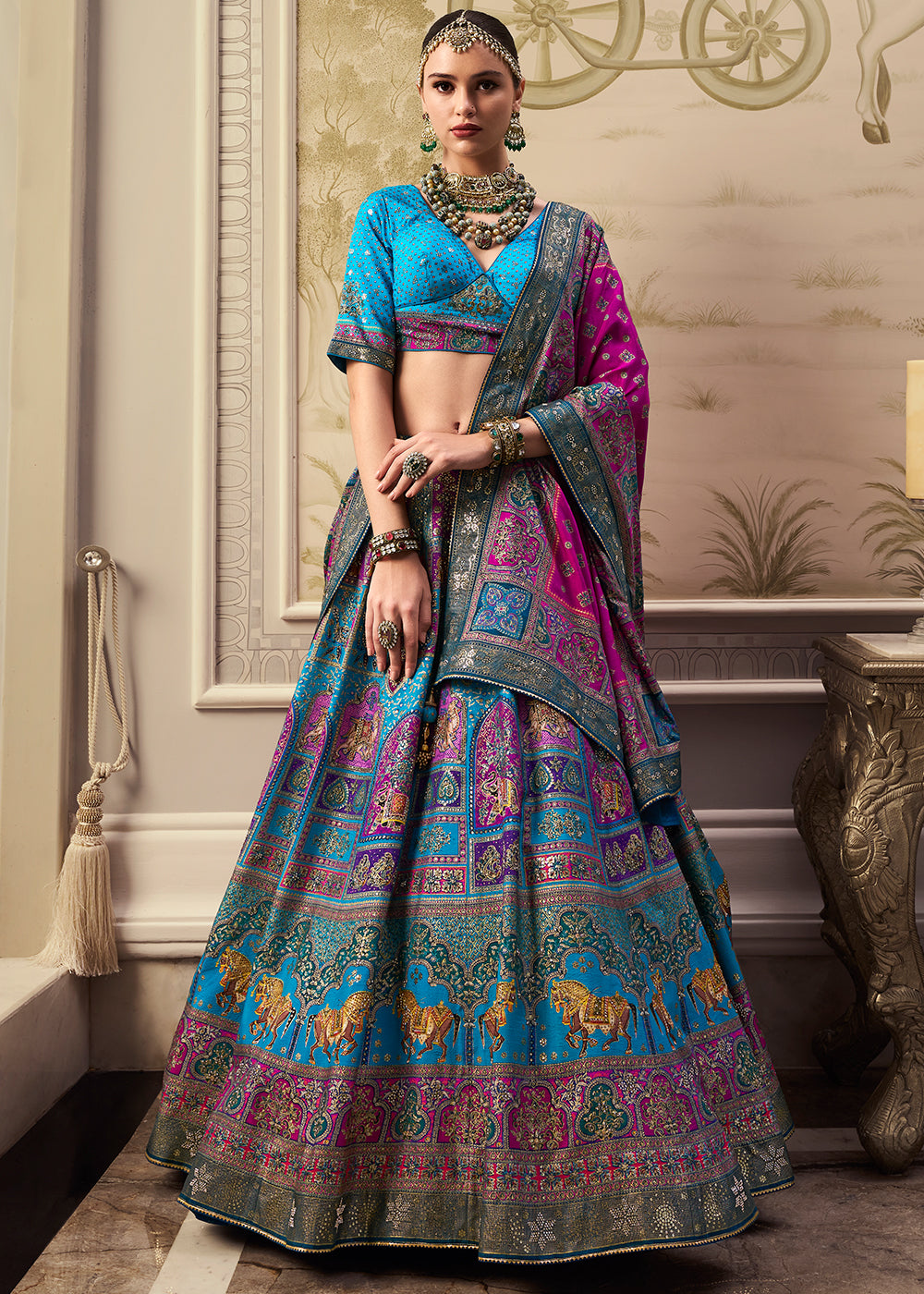 Shades Of Blue & Pink Banarasi Silk lehenga Choli Having Beautiful Embellishment work