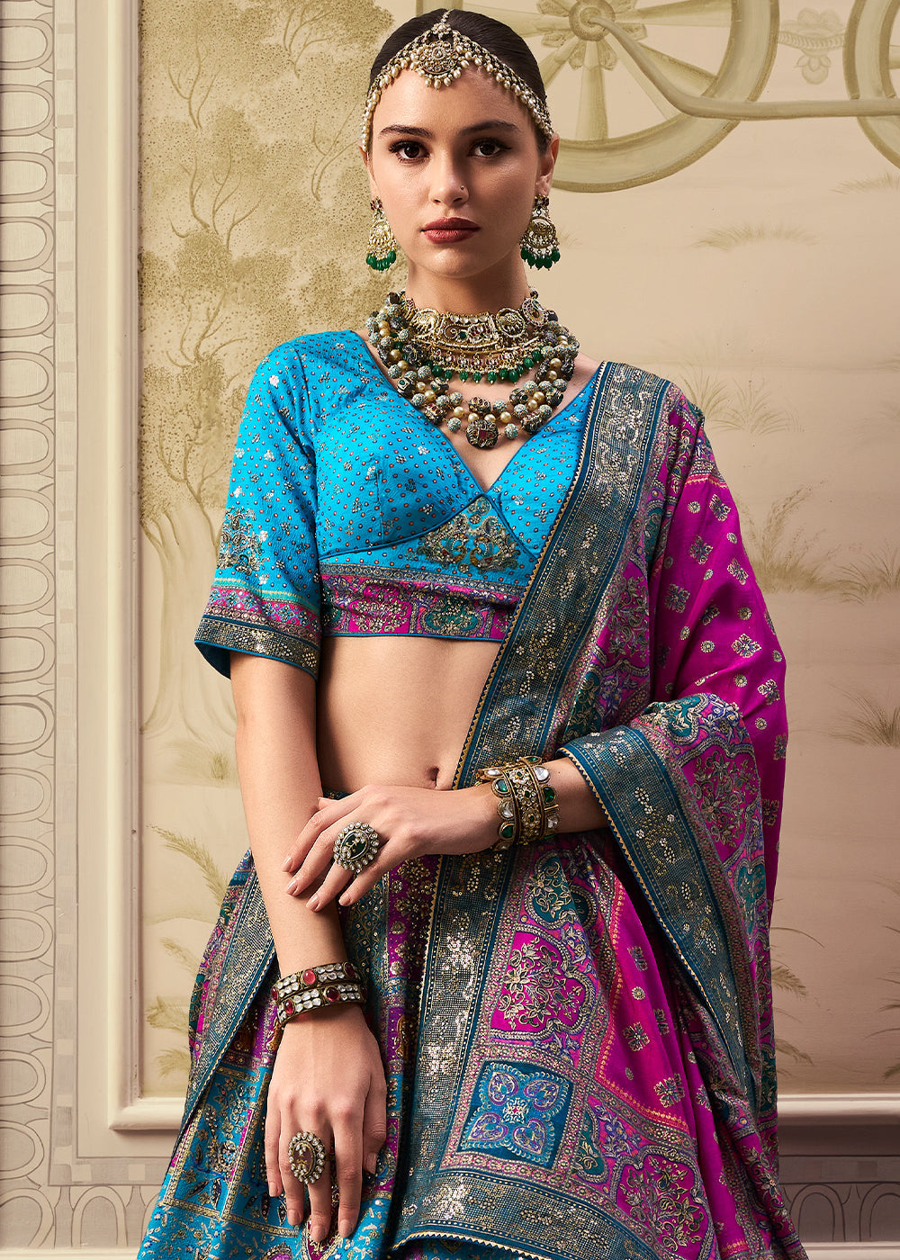 Shades Of Blue & Pink Banarasi Silk lehenga Choli Having Beautiful Embellishment work