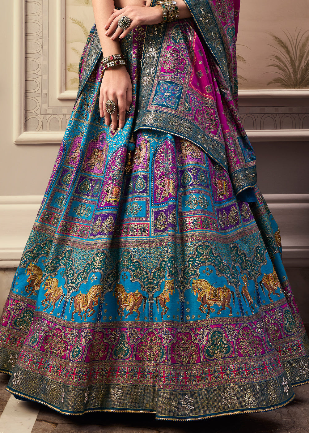 Shades Of Blue & Pink Banarasi Silk lehenga Choli Having Beautiful Embellishment work