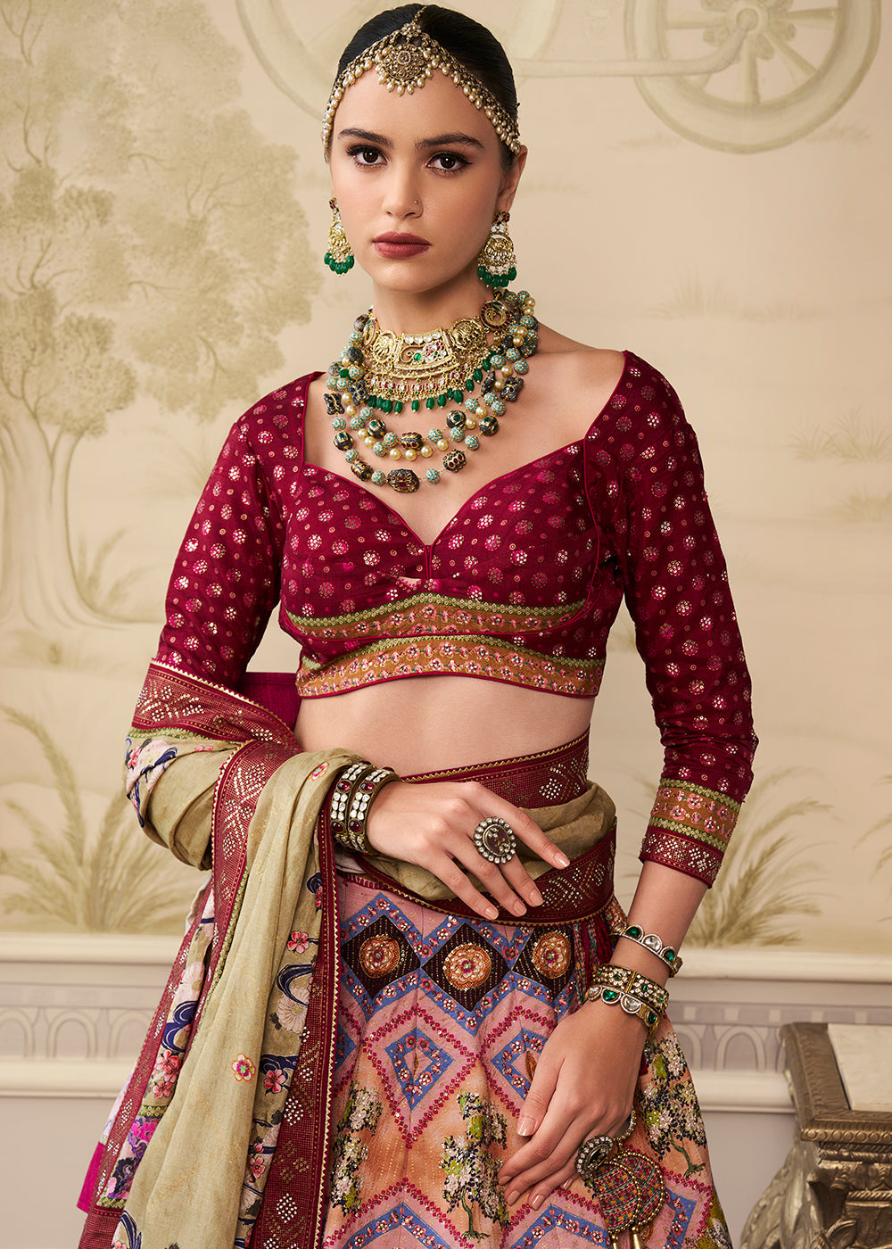 Shades Of Red & Pink Banarasi Silk lehenga Choli Having Beautiful Embellishment work