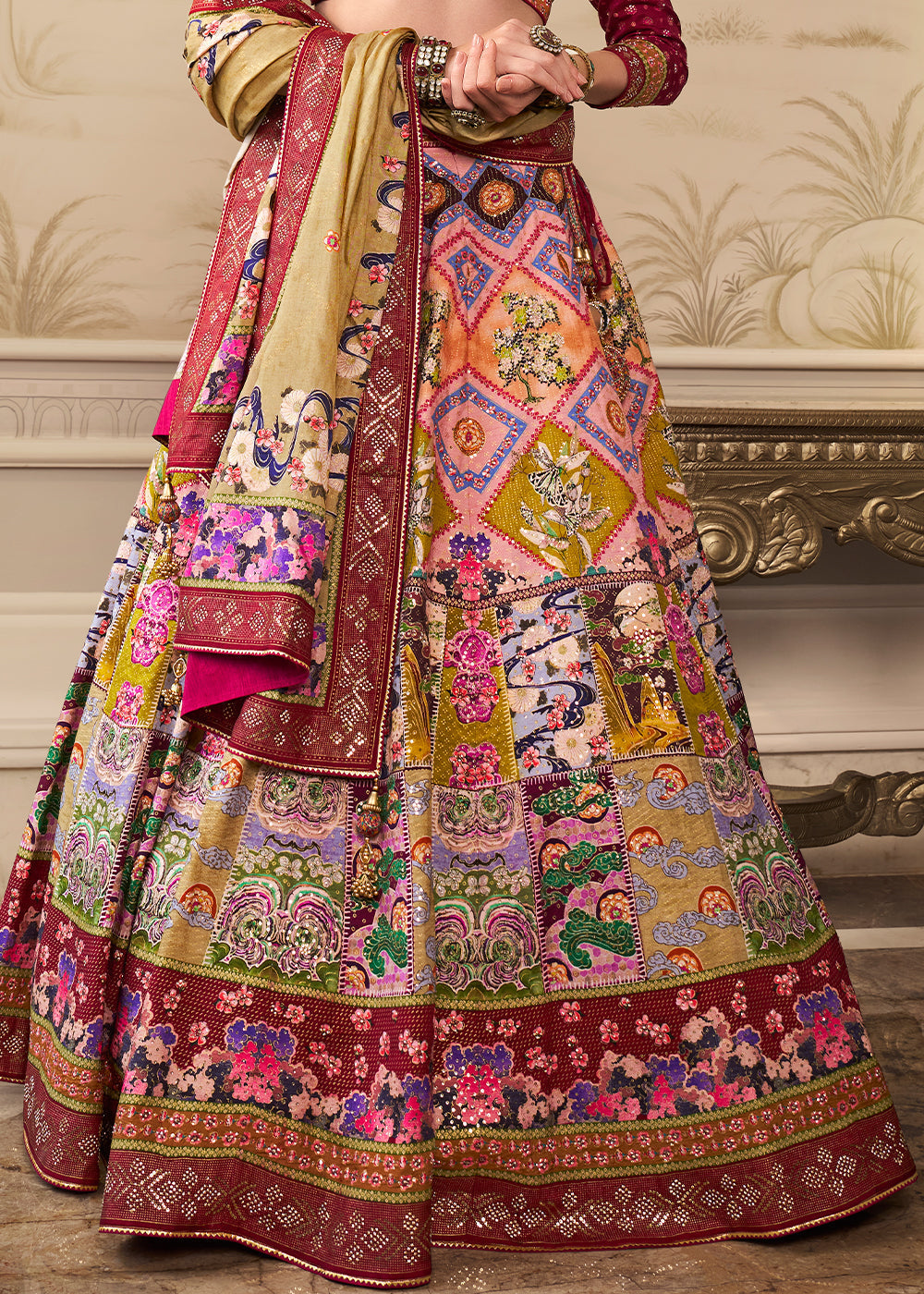 Shades Of Red & Pink Banarasi Silk lehenga Choli Having Beautiful Embellishment work