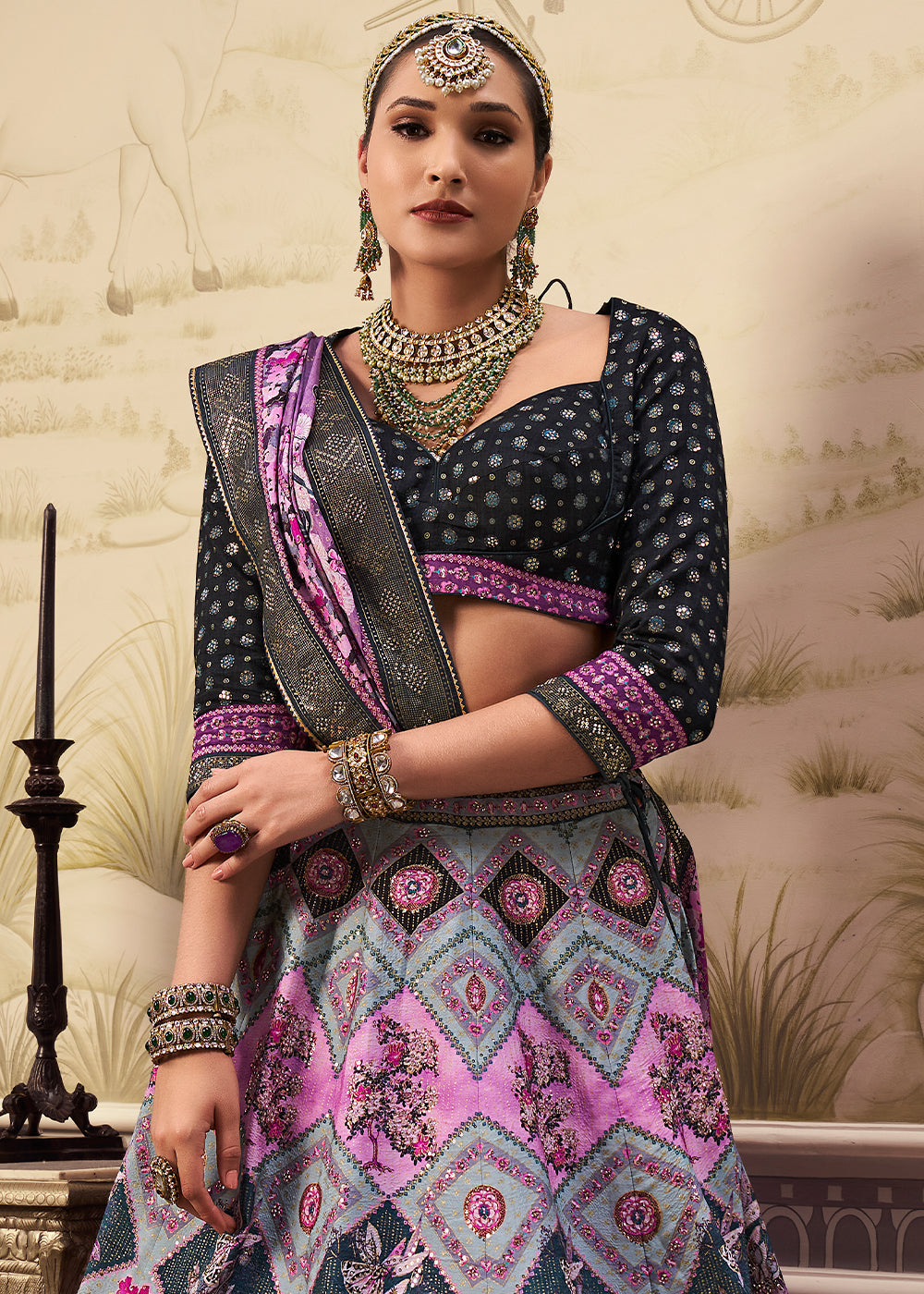 Shades Of Purple & Blue Banarasi Silk lehenga Choli Having Beautiful Embellishment work